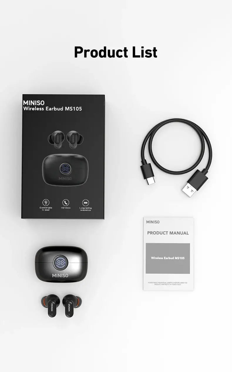 MINISO MS105 wireless in-ear earbuds pair with charging case, black; USB-C to USB-A cable and manual included.