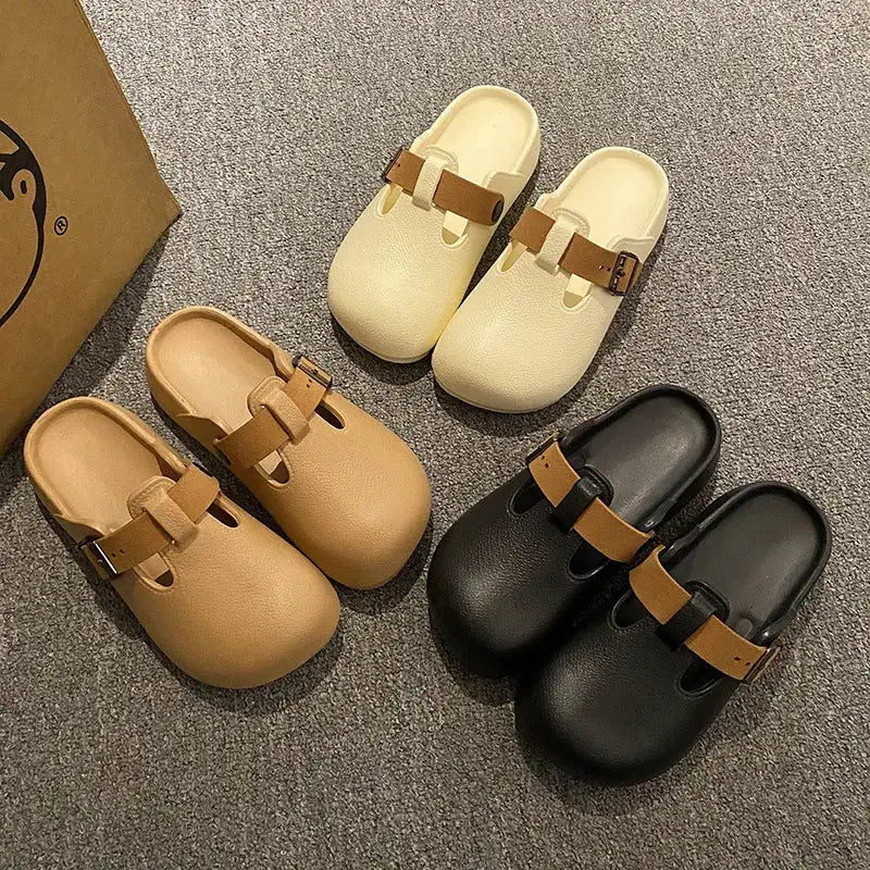 SmilePoP womens clogs with buckle; beige, tan and black EVA garden slippers, set of three pairs.