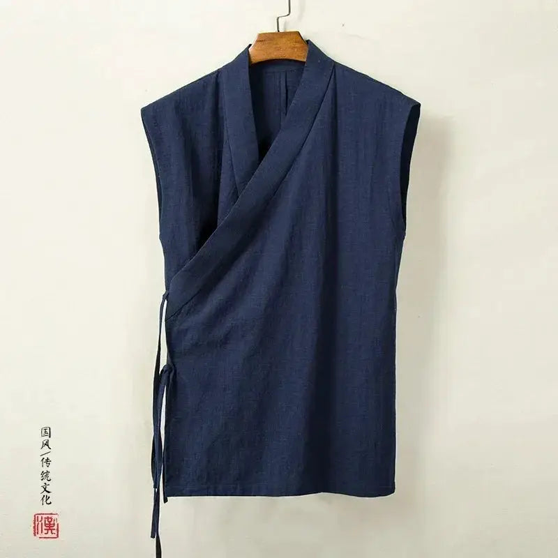 Men's navy blue linen-cotton Hanfu vest with a wrapped crossover front and side tie.