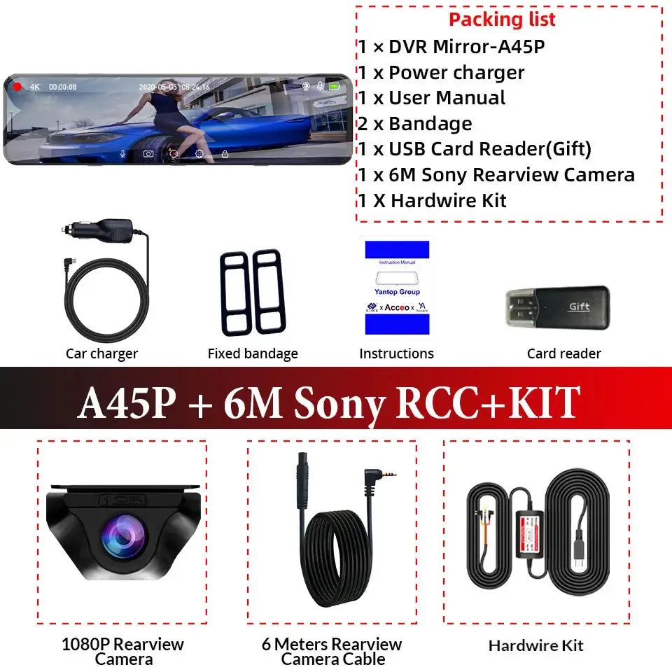 Simples Market E-ACE 4K WiFi dashcam rearview mirror with 12-inch display, Sony 6M rear camera