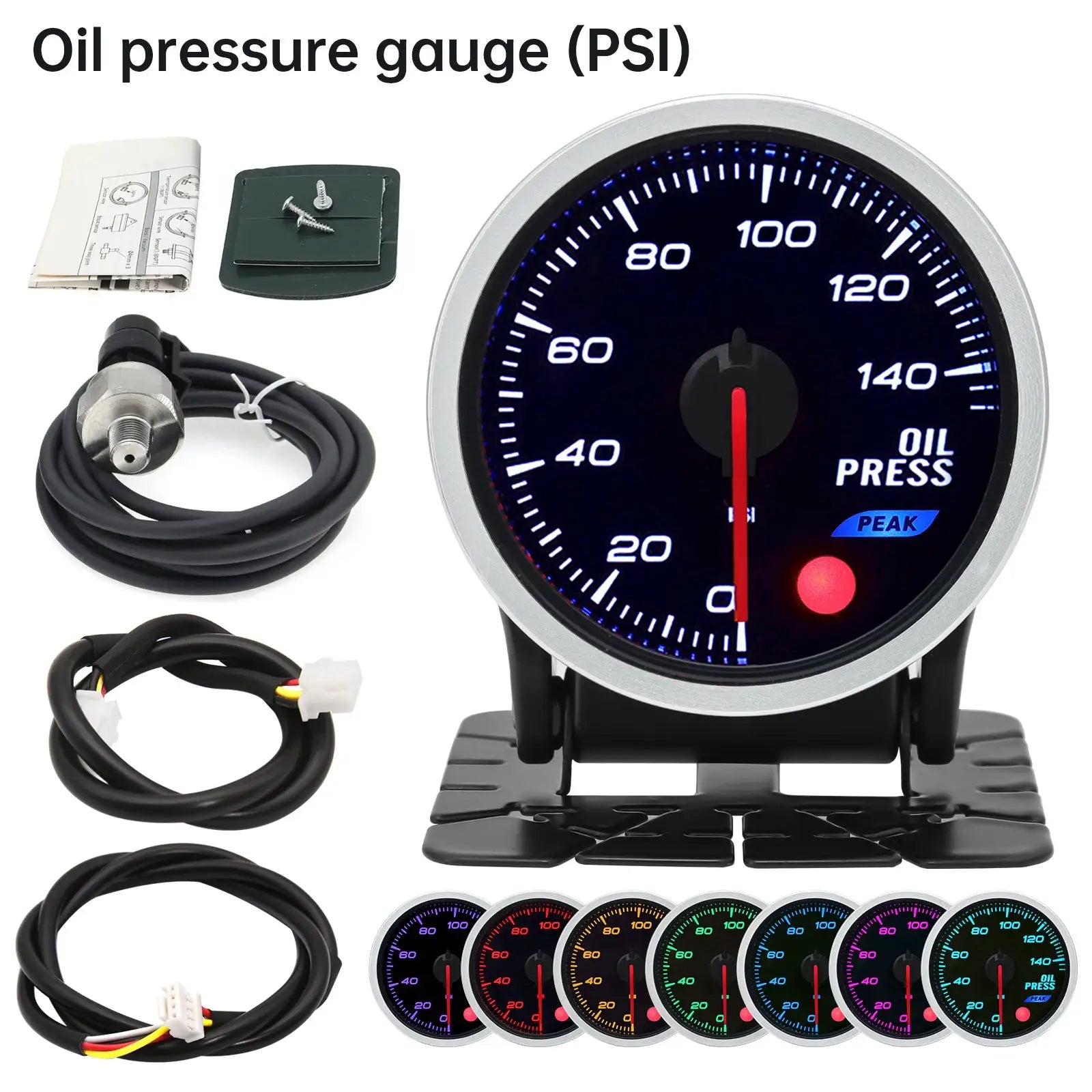 Oil pressure gauge kit, 52mm 12V universal, 8 color dial faces; includes wiring harness and mounting hardware by Simples Market.