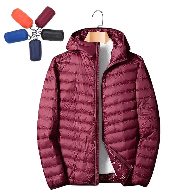 Men's burgundy ultralight down jacket with hood, windproof and waterproof.