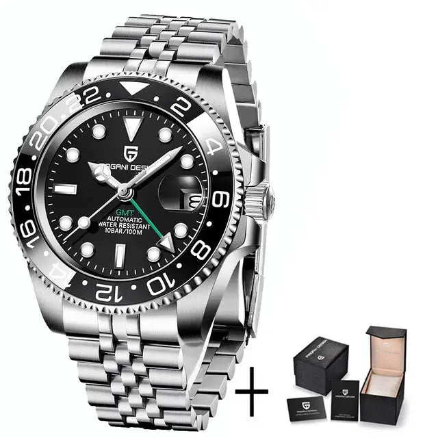 Pagani Design V3 GMT stainless steel watch with black dial and 40mm case; comes with gift box set.