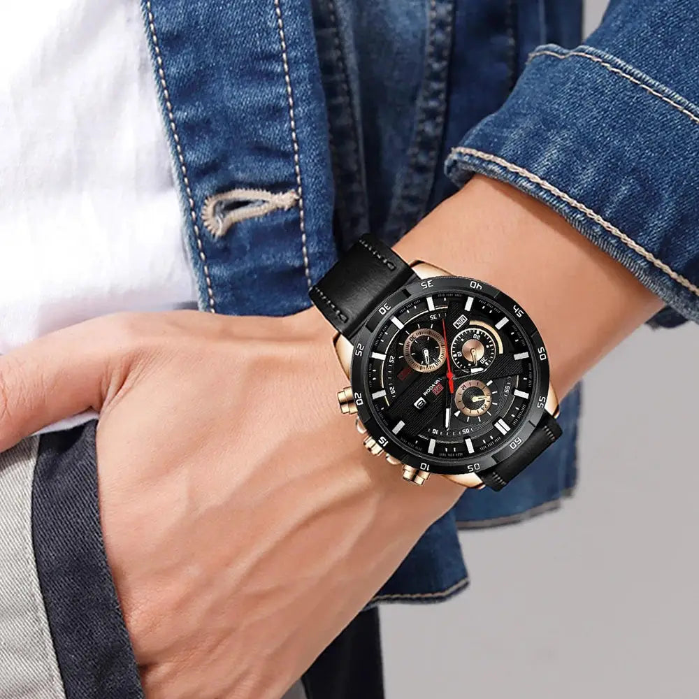 Men's 46mm Sports Style Leather Racing Band Quartz Calendar Watch For Precise Timekeeping