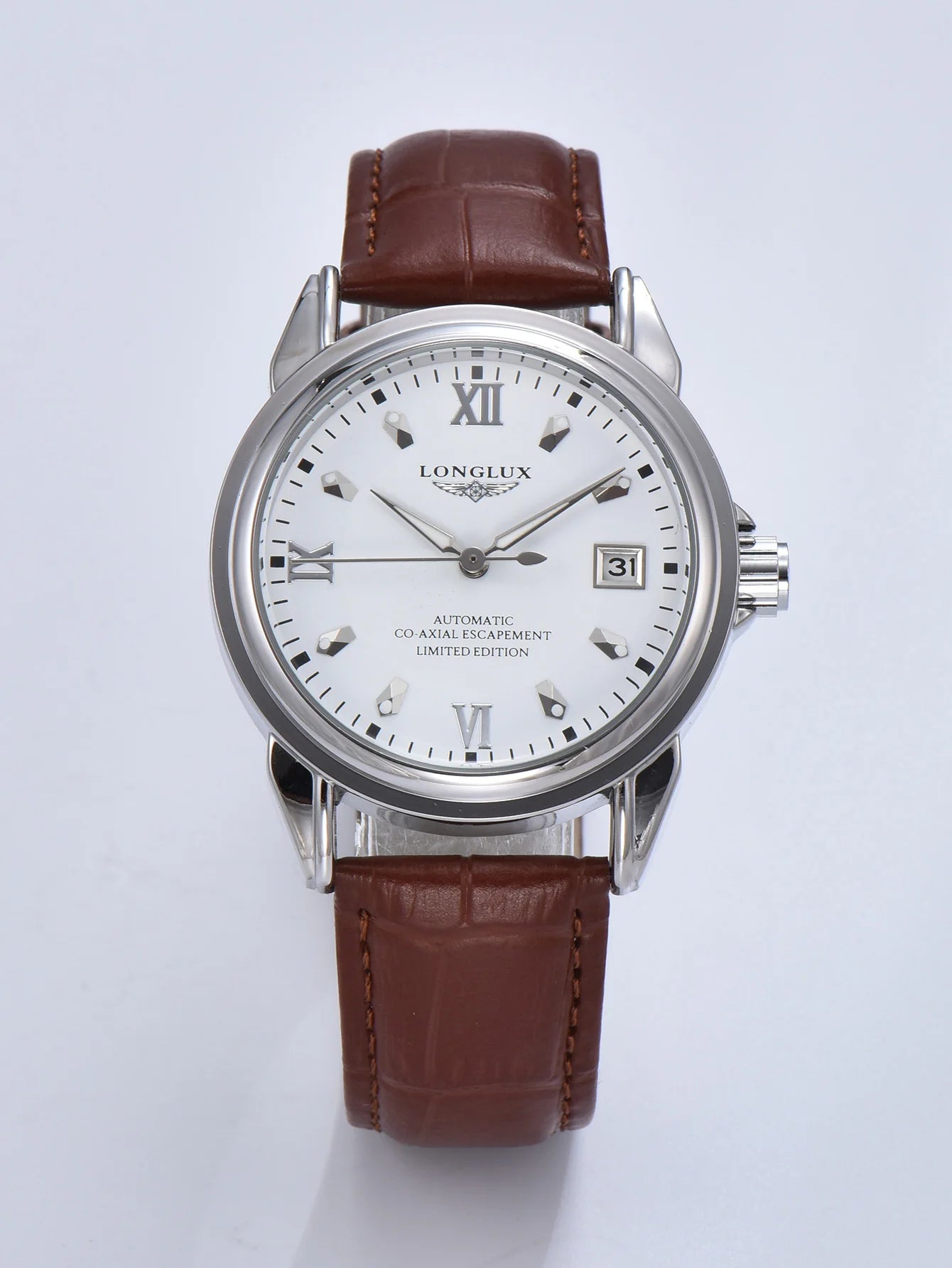 Longlux men automatic watch with white dial and brown leather strap, date display.