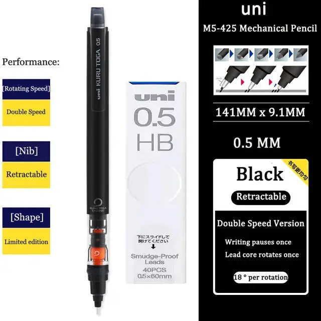 UNI Kurutoga M5-452 mechanical pencil, black, 0.5mm lead, shown with white box