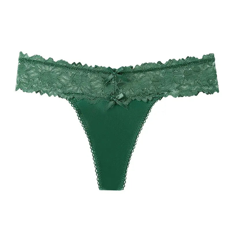 BANNIROU green lace thong underwear for women, solid soft lace with bow detail