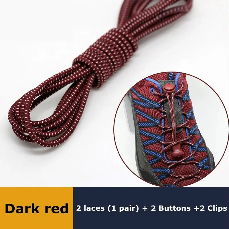 Dark red elastic no-tie round sneaker shoelaces, 1 pair with locking toggles and clips