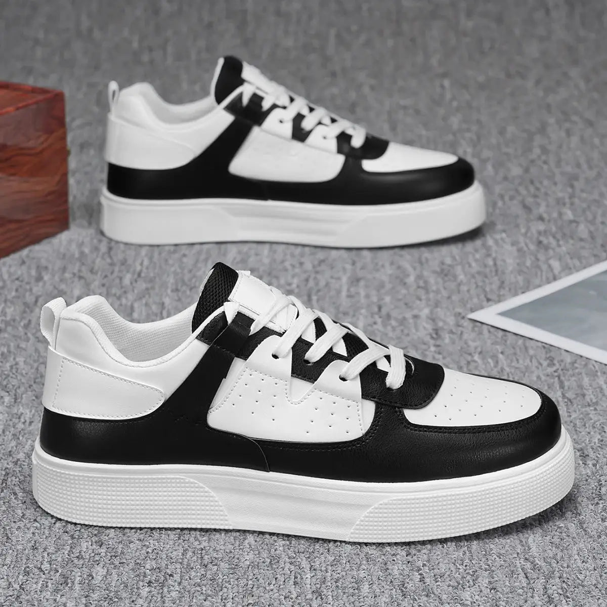 Men's casual sports shoes, black and white lace-up sneakers with a thick white platform sole (2 pairs)