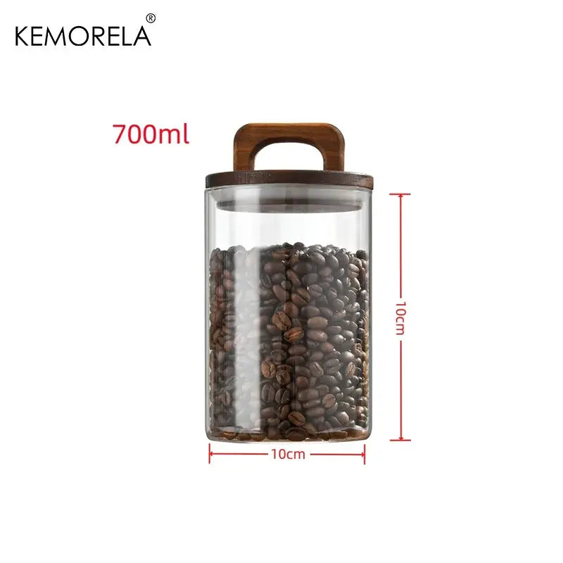 Wood Lid Glass Jar Airtight Canister For Tea Coffee Beans Grounds Candy Kitchen Storage Sealed Jar