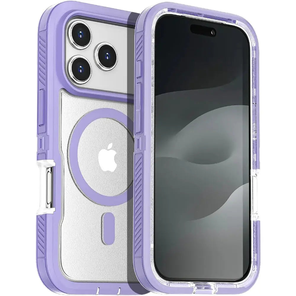 Matte clear magnetic iPhone case with purple bumper; MagSafe-compatible