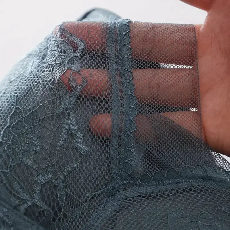 Womens lace bralette bra with sheer blue-gray mesh