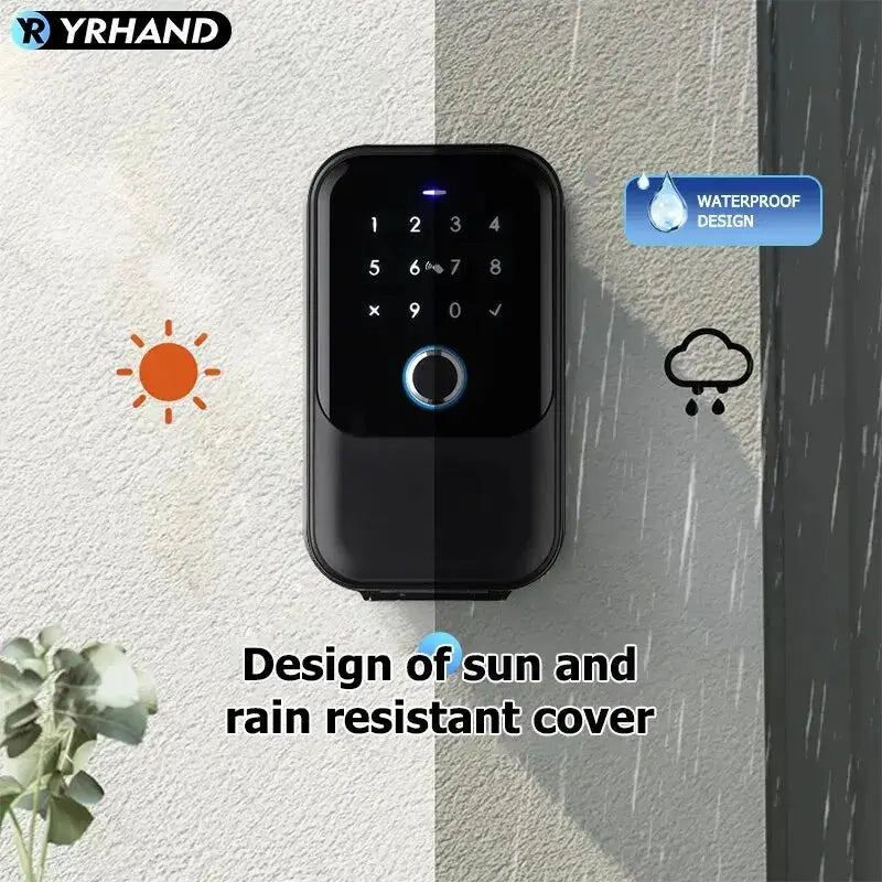 TTlock smart key lock box by YRHAND, black wall-mounted digital key safe with keypad and blue LED ring, waterproof