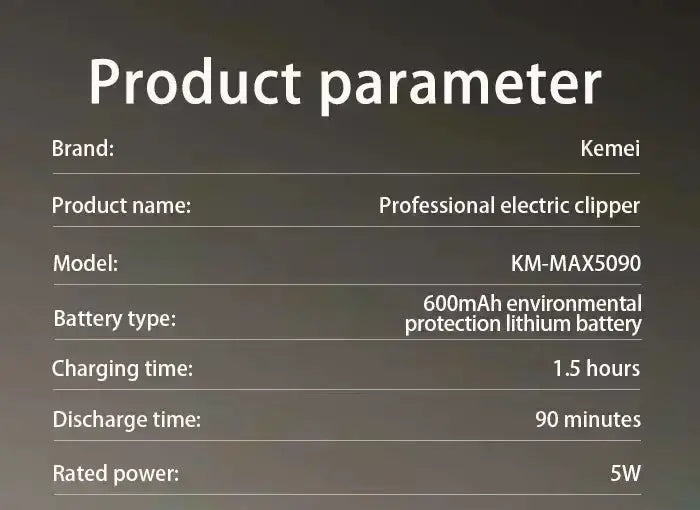 Kemei professional electric clipper parameter page with KM-MAX5090 model and 600mAh lithium battery