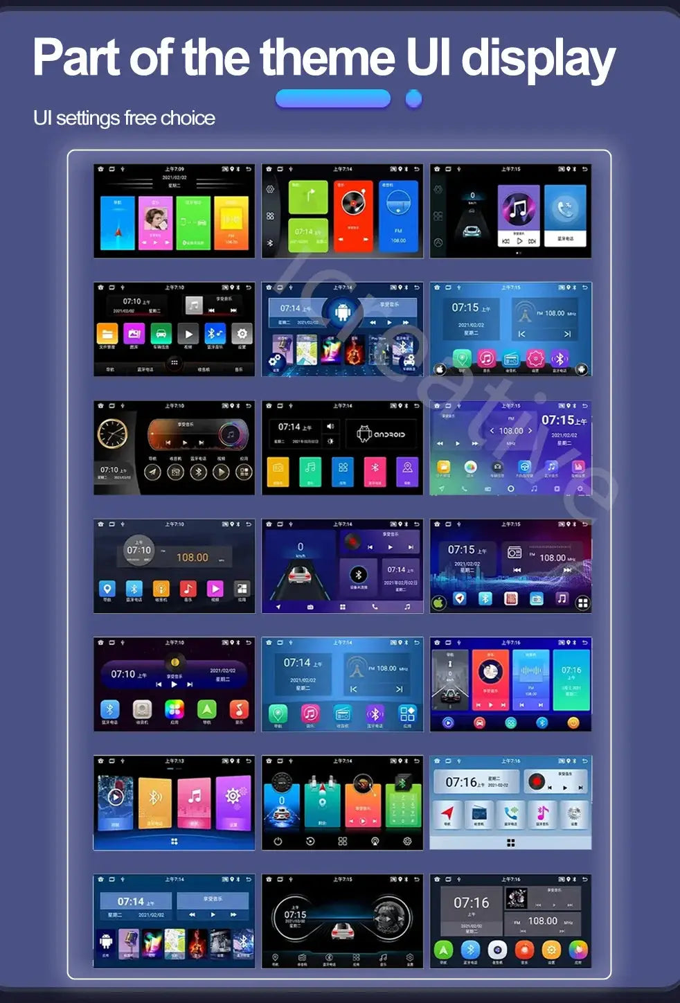 2Din Android car radio UI collage showing multiple VW/Skoda multimedia themes with CarPlay, Wi‑Fi and GPS