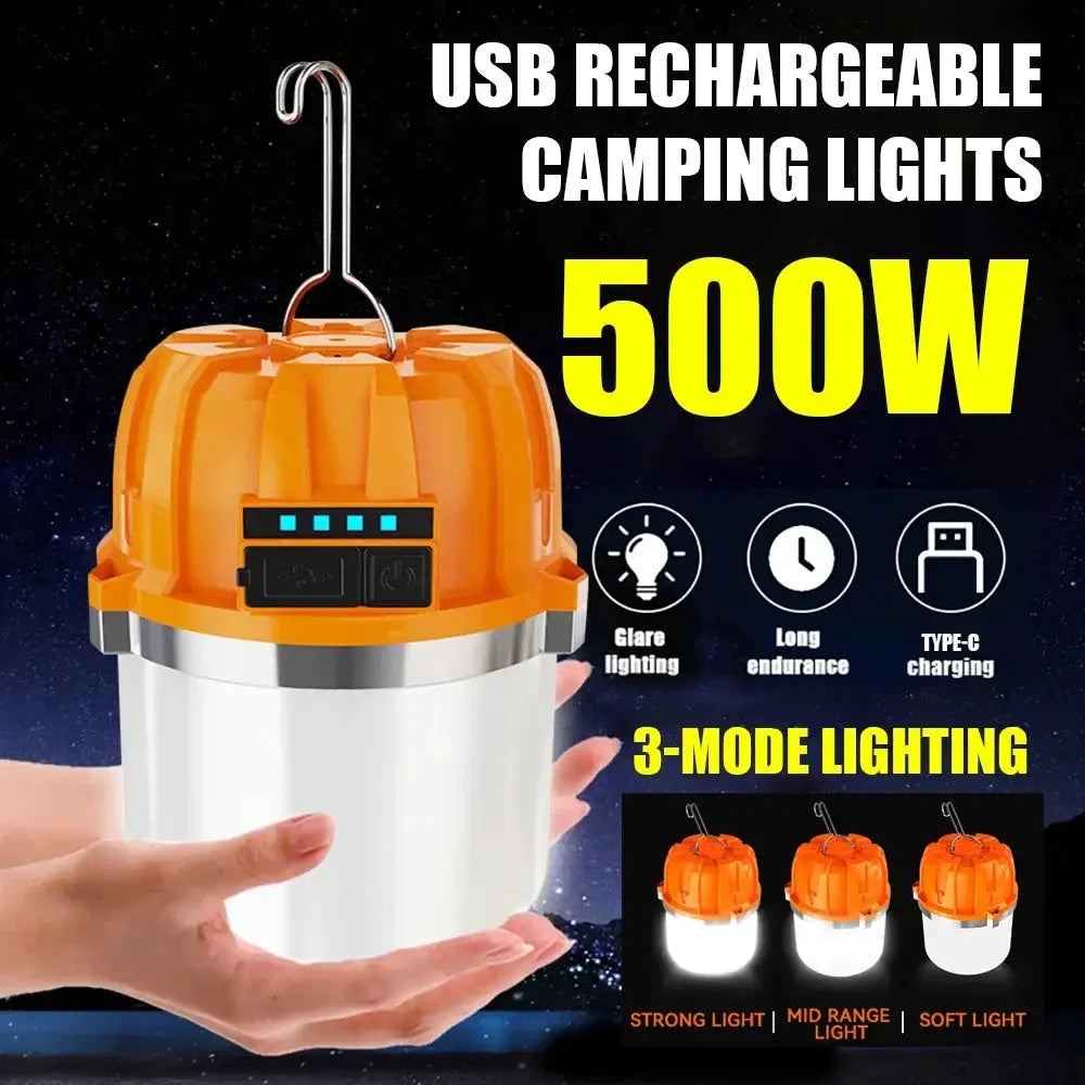 LED camping lantern Simples Market, 500W USB rechargeable with orange top and power display