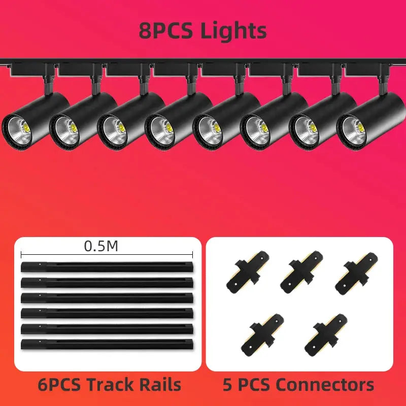 LED track lighting kit with 8 black spotlights, 6 black 0.5m rails, and 5 connectors