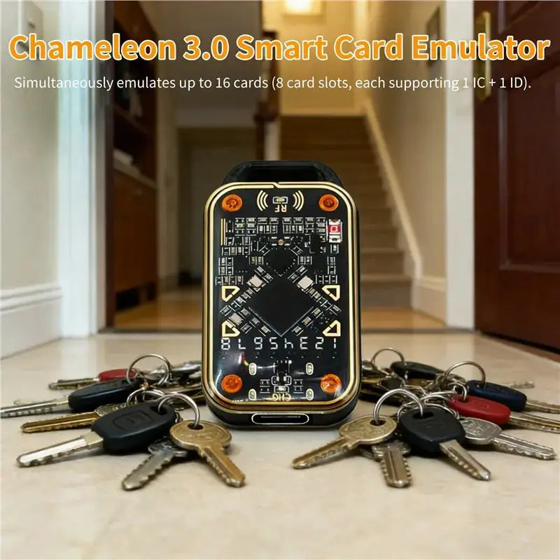 Chameleon 3.0 RFID smart card emulator by Simples Market; black and gold handheld reader with keys around it.