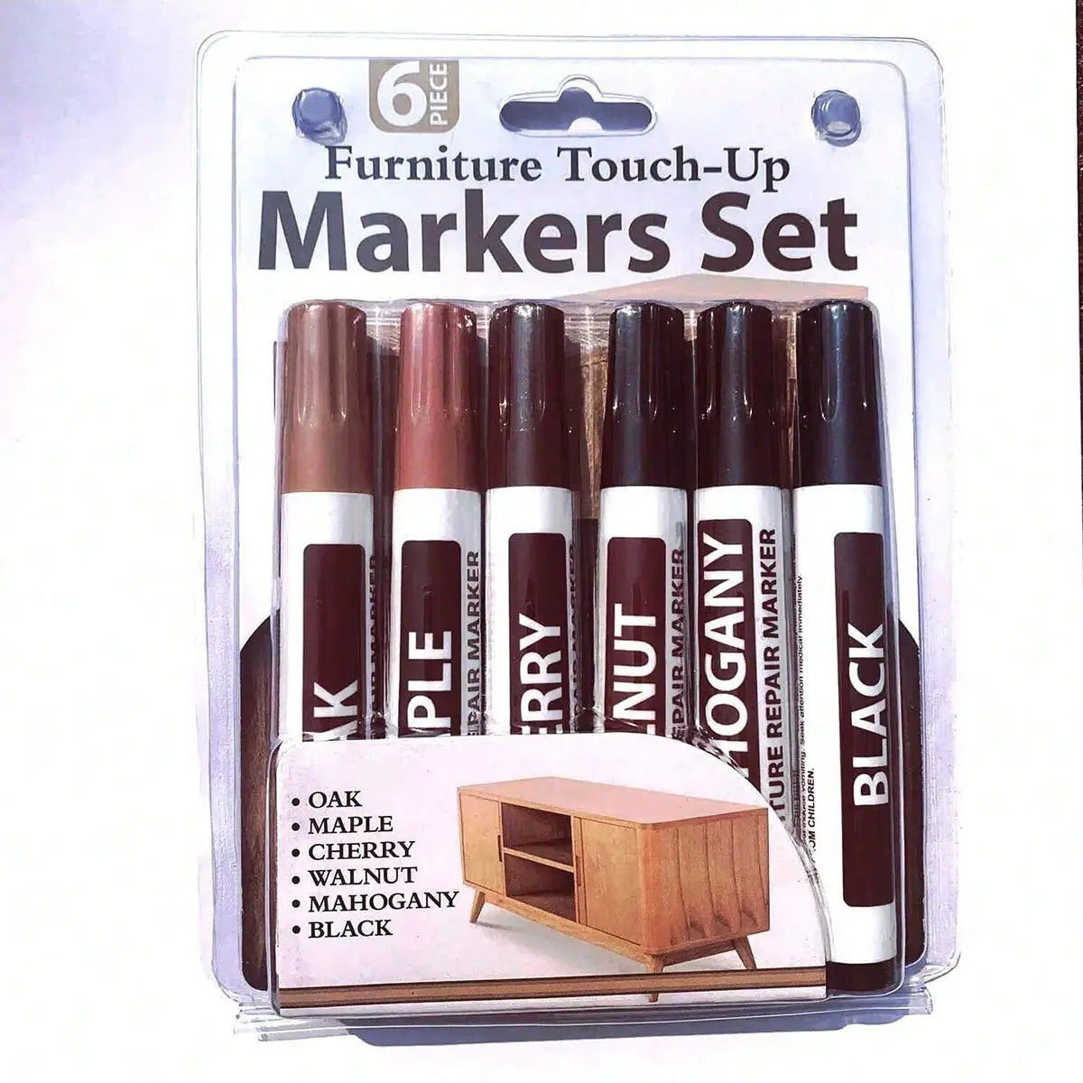 Furniture touch-up marker set by Simples Market, 6-piece kit with oak, maple, cherry, walnut, mahogany, black.