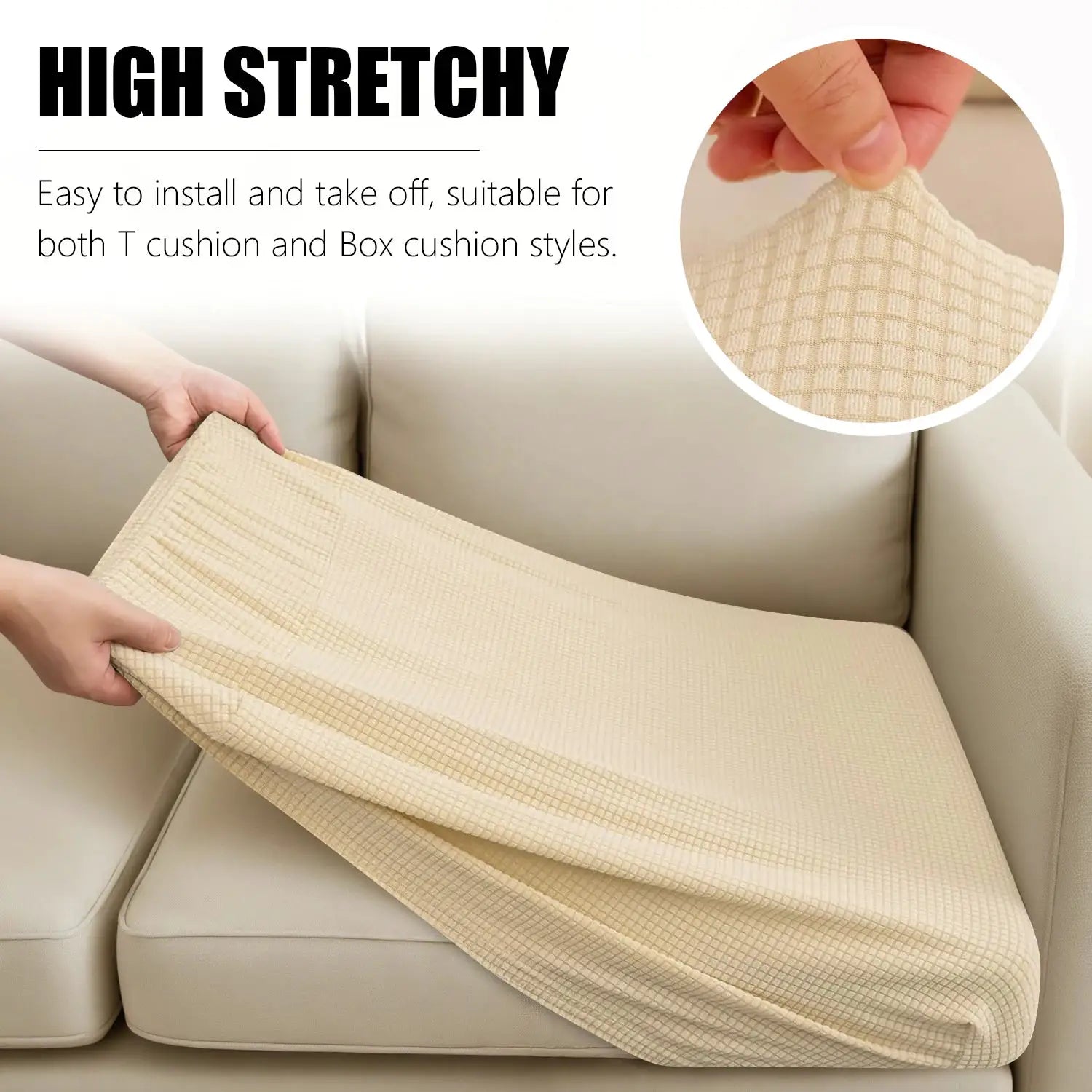 Sofa cushion cover kit by Simples Market in beige waterproof jacquard stretch fabric for 1–4 seat sofas