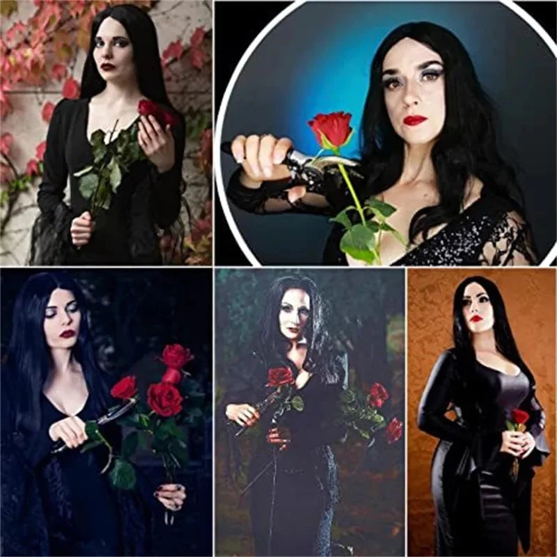Simples Market Morticia Addams cosplay wig: black long straight heat resistant synthetic wig shown in five gothic looks