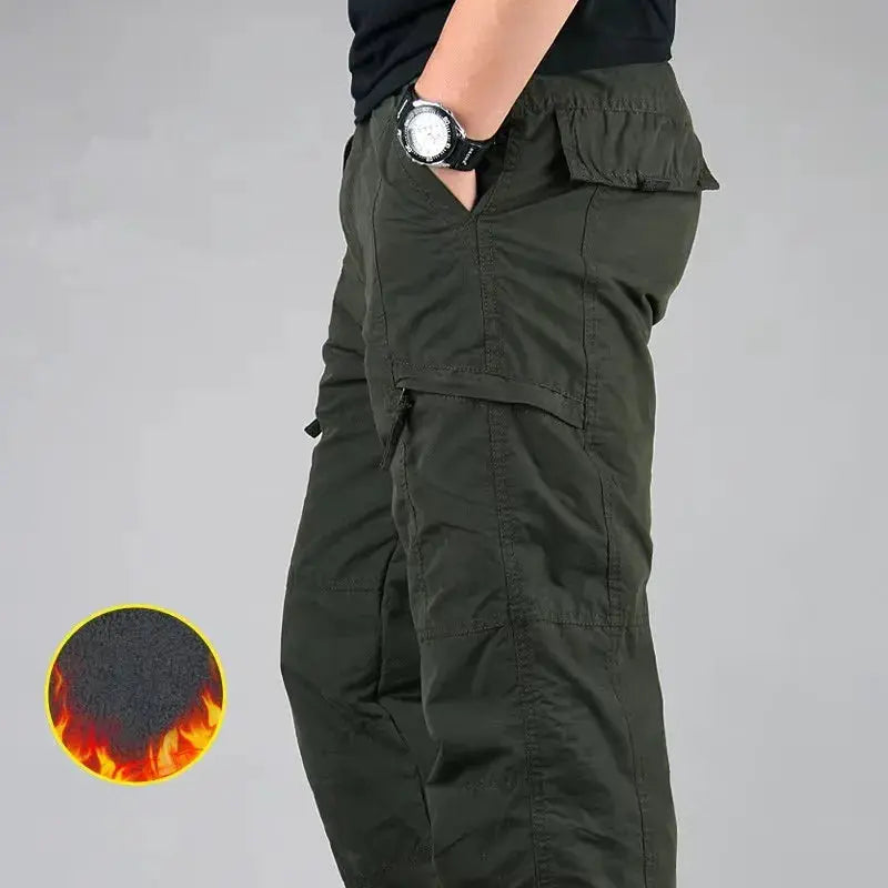 Simples Market Men's fleece cargo pants in olive green with cargo pockets, warm thermal lining, 3XL