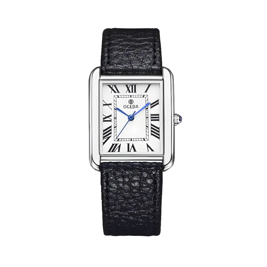 OGEDA waterproof wristwatch with square dial, stainless steel case, blue hands, black leather strap.