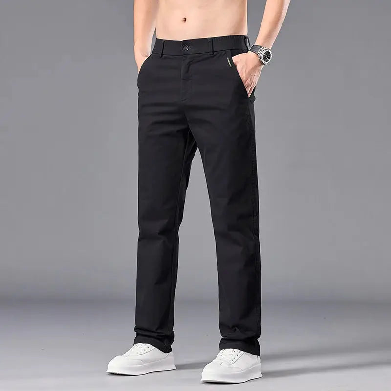 Men's black straight-fit casual chinos pants for work with belt loops and pockets