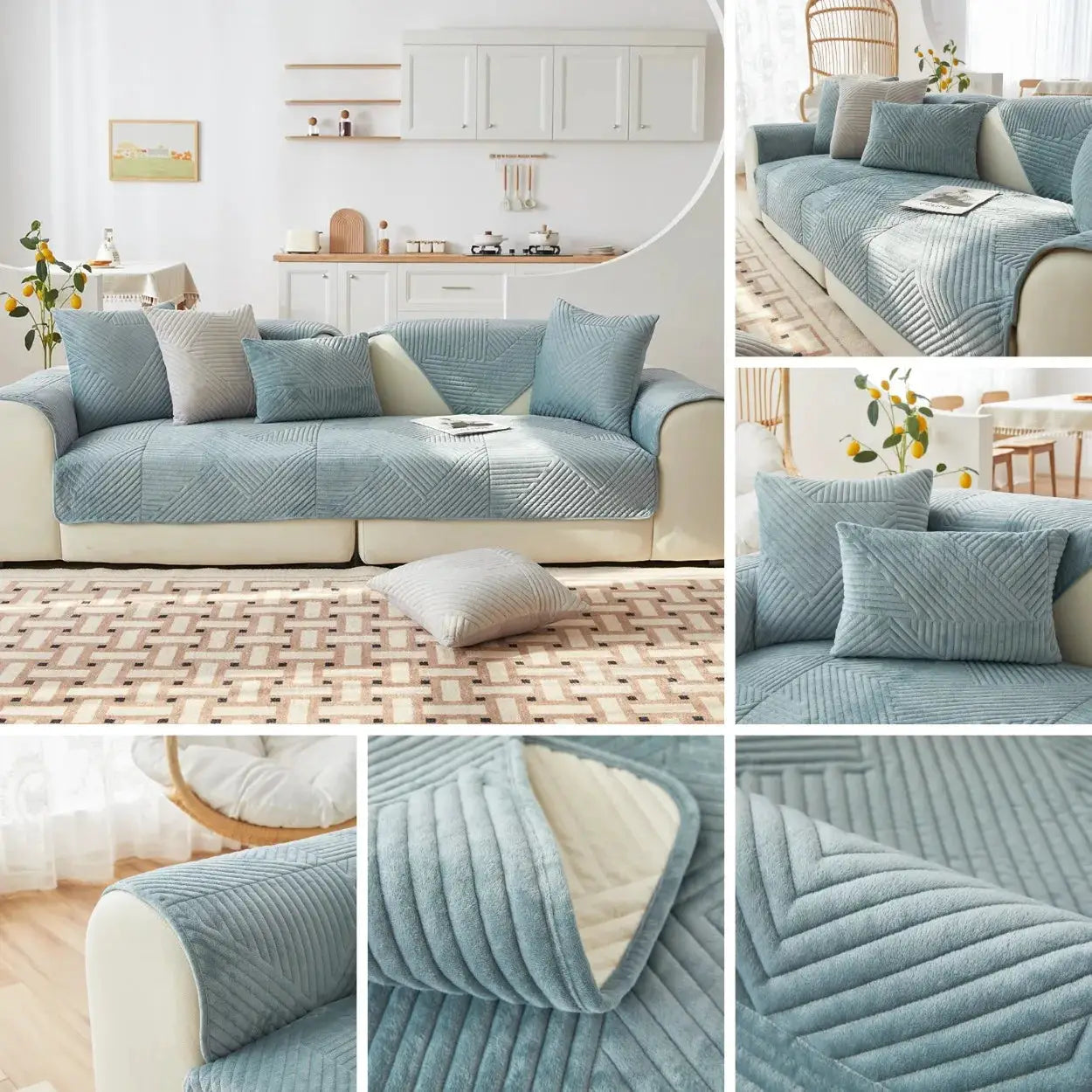 Crystal Velvet sofa cover by Simples Market in blue-gray quilted fabric with non-slip backing on a cream sofa.