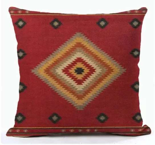 Bohemian linen cushion cover with a multicolor geometric diamond pattern on a red background, decorative living room pillow.
