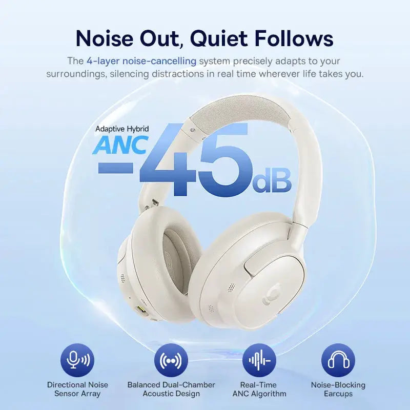 Baseus Bass EH10 NC wireless over-ear headphones in white with Bluetooth 6.0 and 45dB ANC