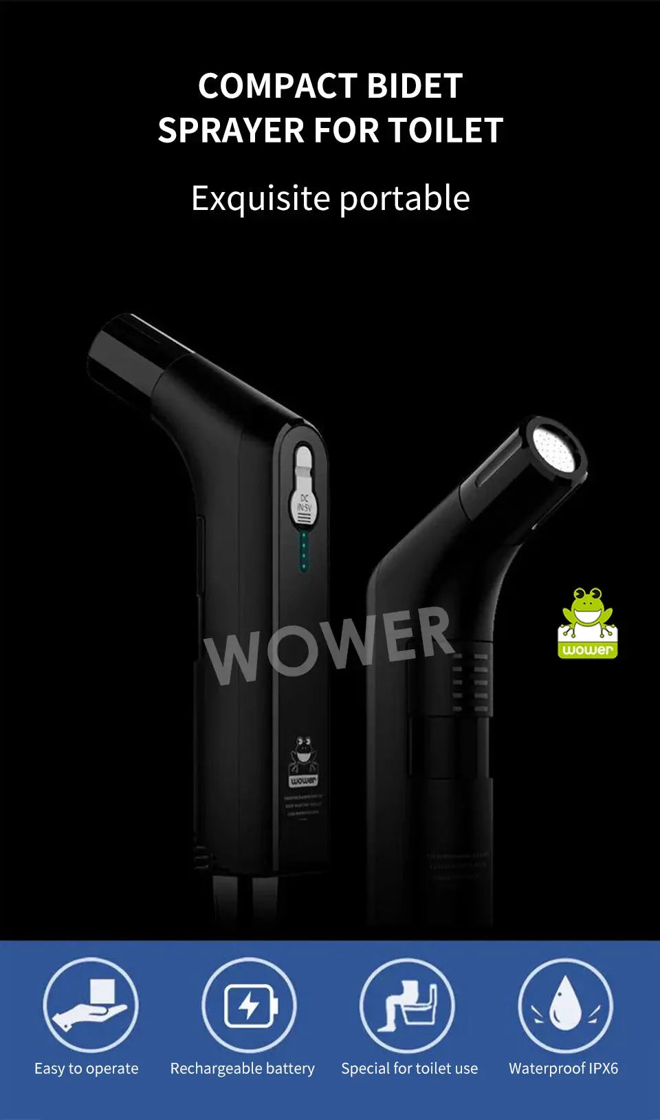 Wower portable electric bidet, black, rechargeable 2.3L travel shower sprayer