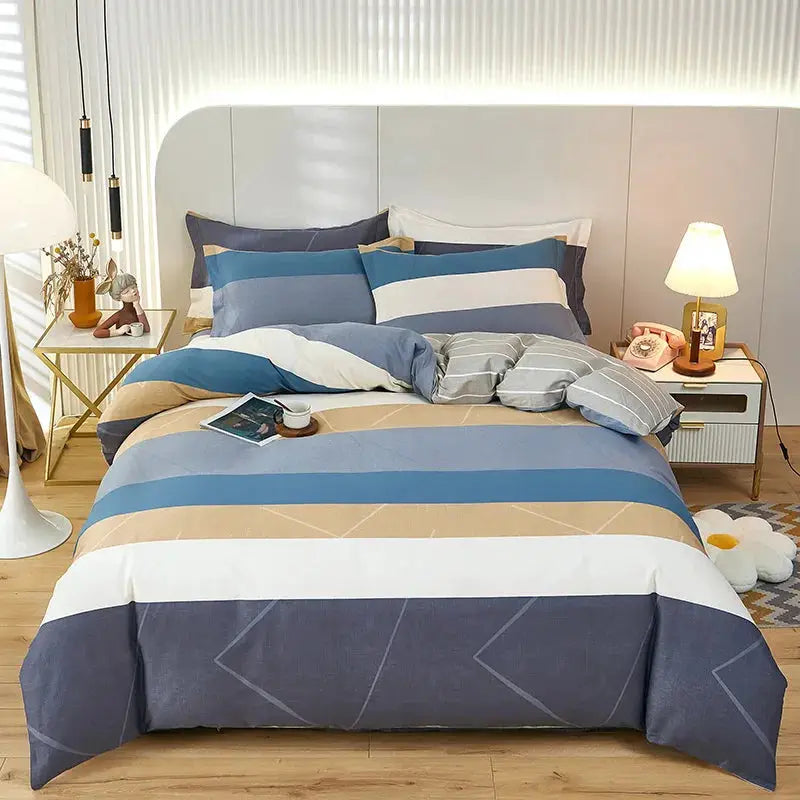 3pc cotton duvet cover set with striped blue, beige and gray bedding and 2 pillowcases
