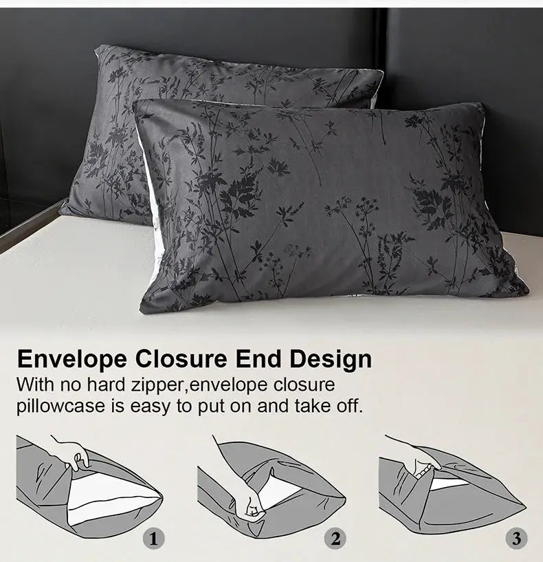 3pc Zhusheng Kongye pattern duvet cover set in gray floral print; includes 1 duvet cover and 2 pillowcases, soft skin-friendly bedding.