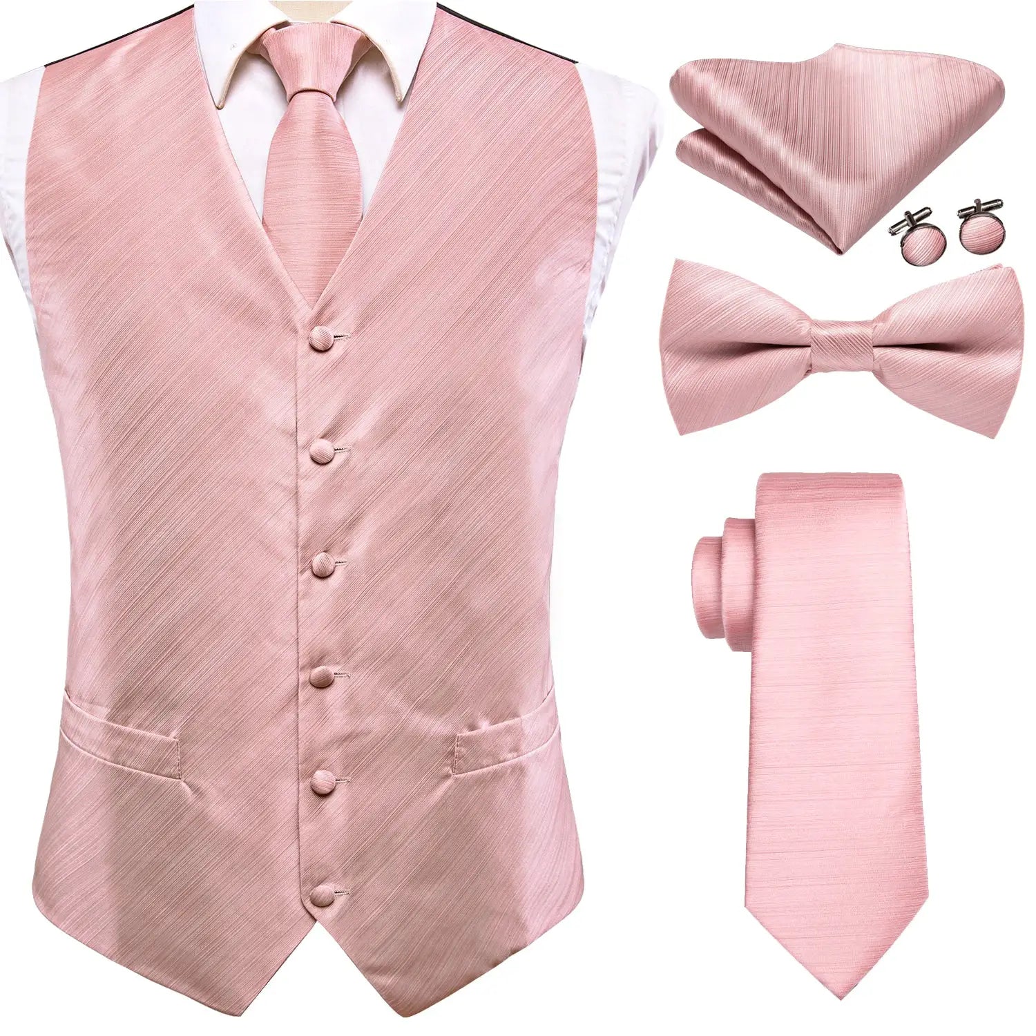 Pink satin 5-piece waistcoat set with matching tie, bow tie, cufflinks and hanky by Simples Market.
