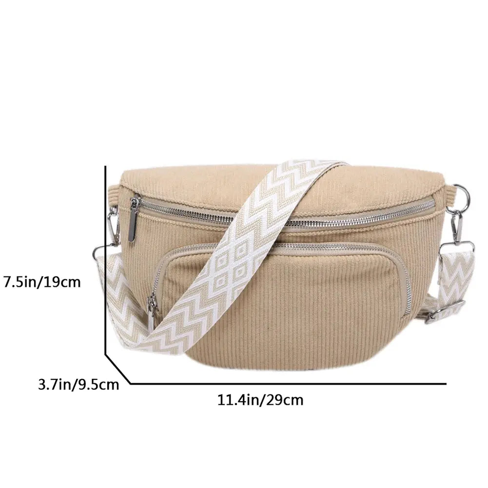 Corduroy chest bag fanny pack beige with multiple zip pockets and a wide white chevron strap Simples Market