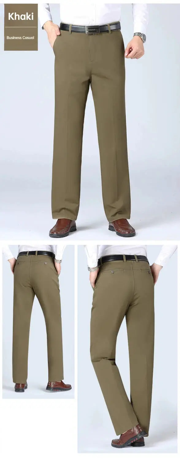 Men's khaki 100% cotton office pants, straight high-waist, business casual slacks