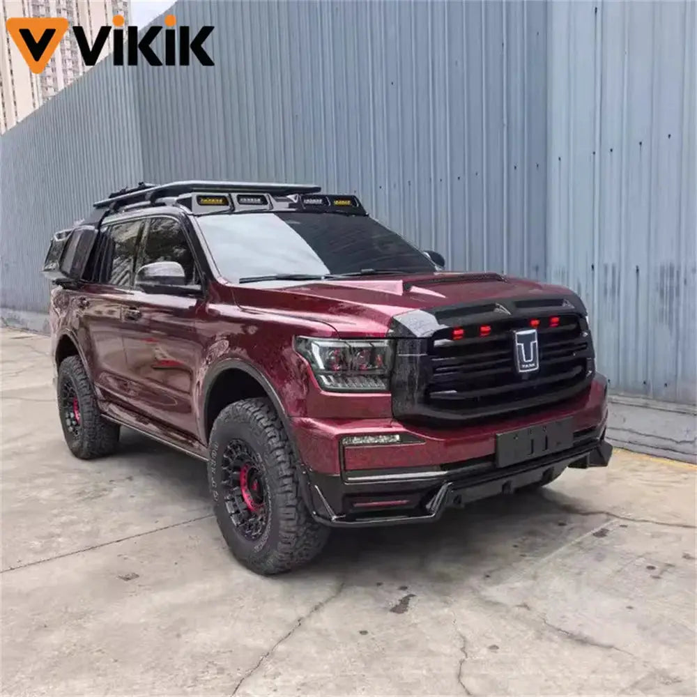 Car stickers PET forged carbon fiber color-change vinyl film for vehicles; red SUV with Vikik logo.