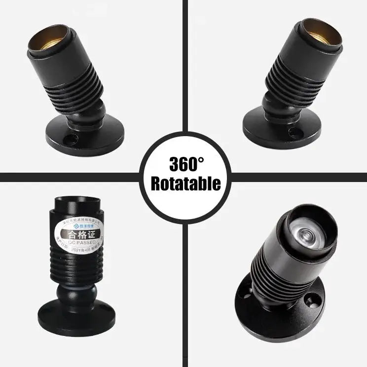 3W mini spotlight, black surface-mounted light with 360° rotatable head, shown in 4 views