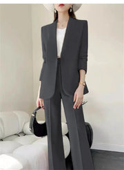 Women’s dark gray 2-piece suit set with blazer and wide-leg pants, white top
