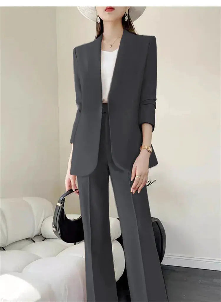 Women’s dark gray 2-piece suit set with blazer and wide-leg pants, white top
