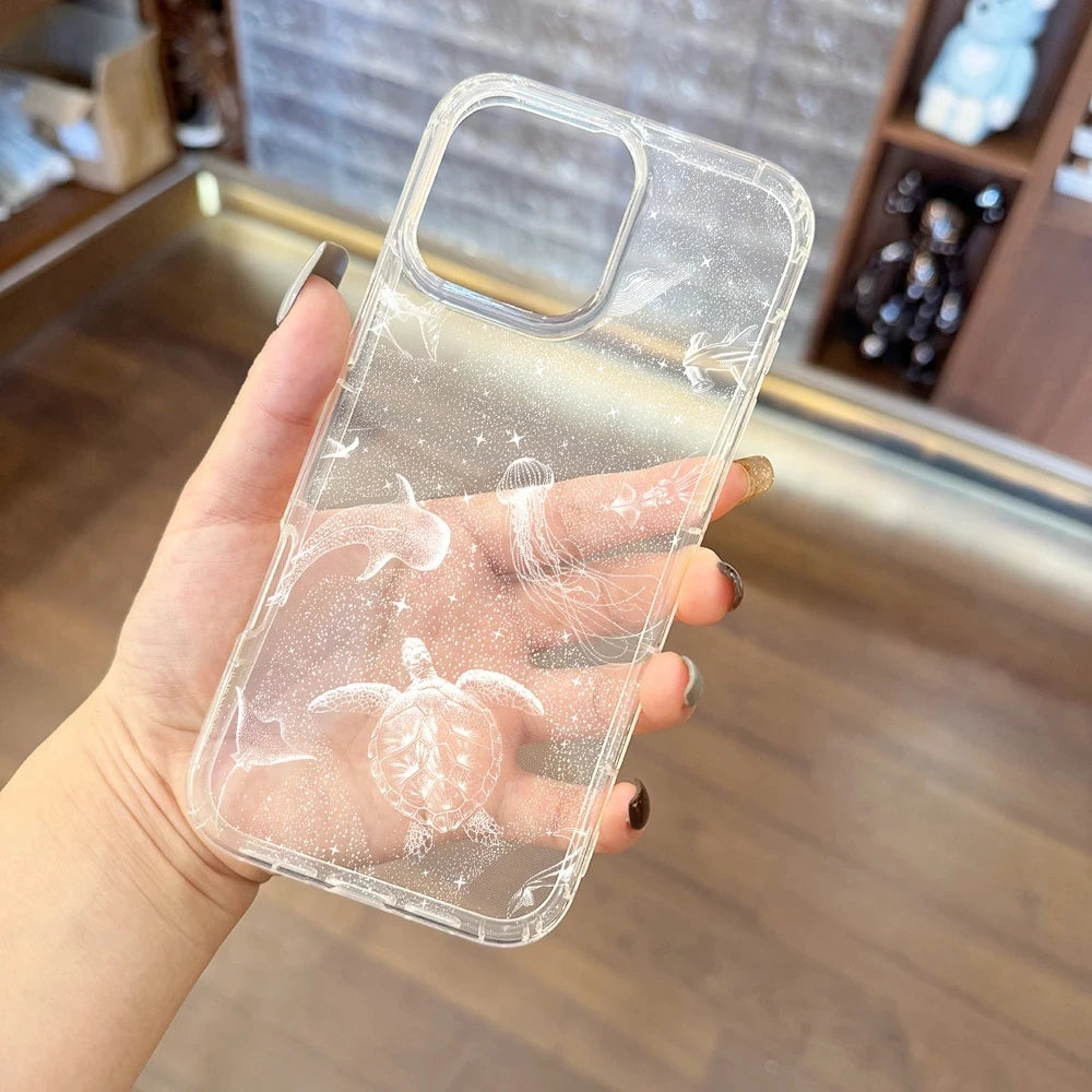 Phone case for iPhone models, transparent ocean cover with white sea life designs (turtle, mermaid) by Simples Market