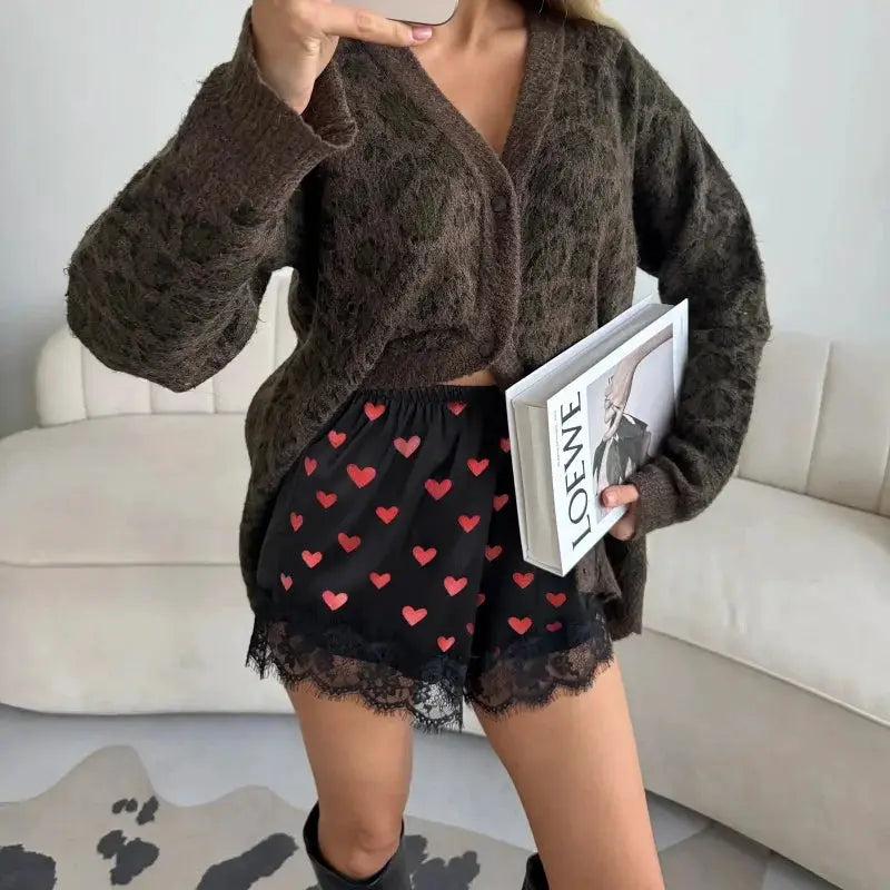 Women black heart-print satin shorts with lace-trim hem and elastic waist
