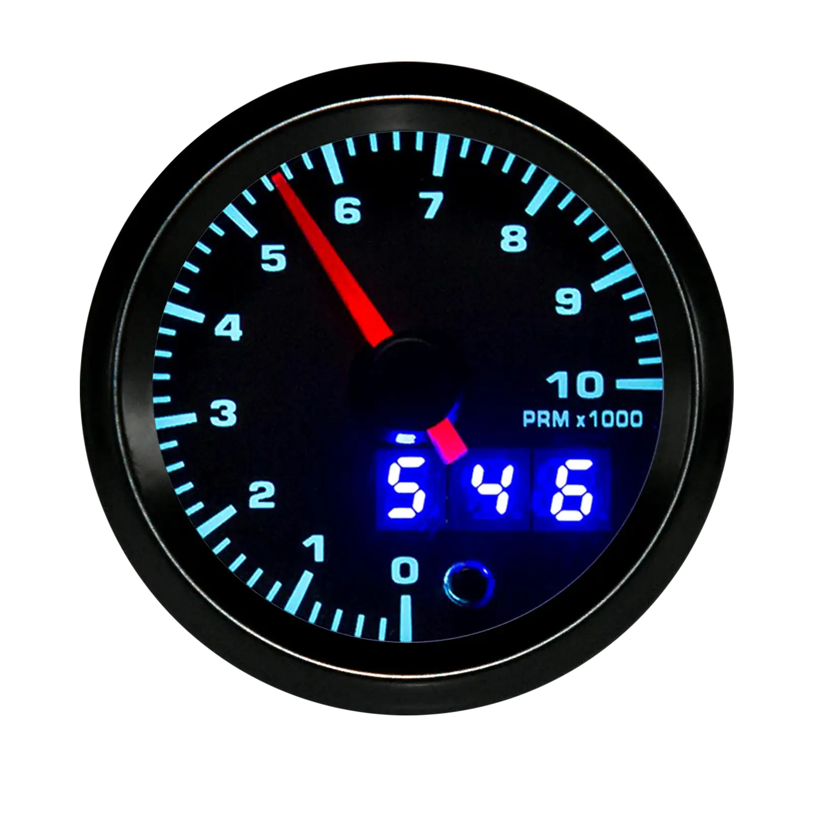 2-inch 52mm blue-backlit 7-color LED dual-display automotive gauge with RPM tachometer and blue digital readouts