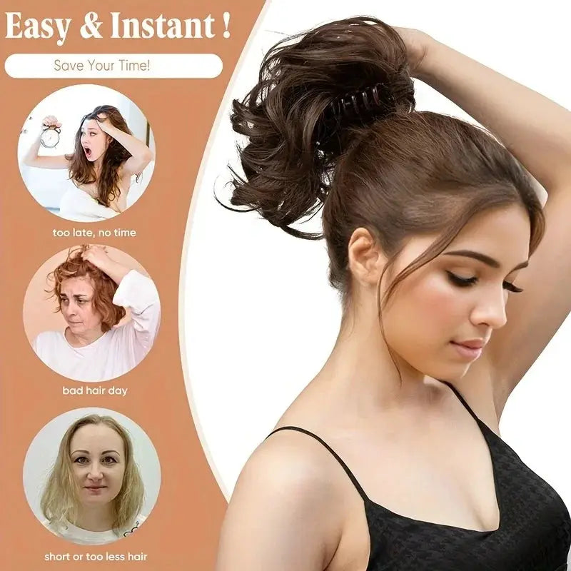 Simples Market synthetic 12-inch curly ponytail clip extension in black-brown, worn in a high bun.