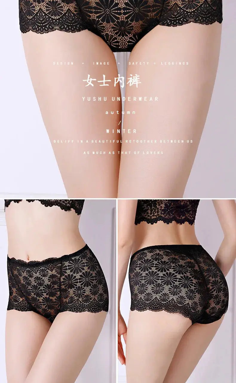 Simples Market women's black lace high-waisted panties; floral lace pattern, three-view collage (front, back, side)
