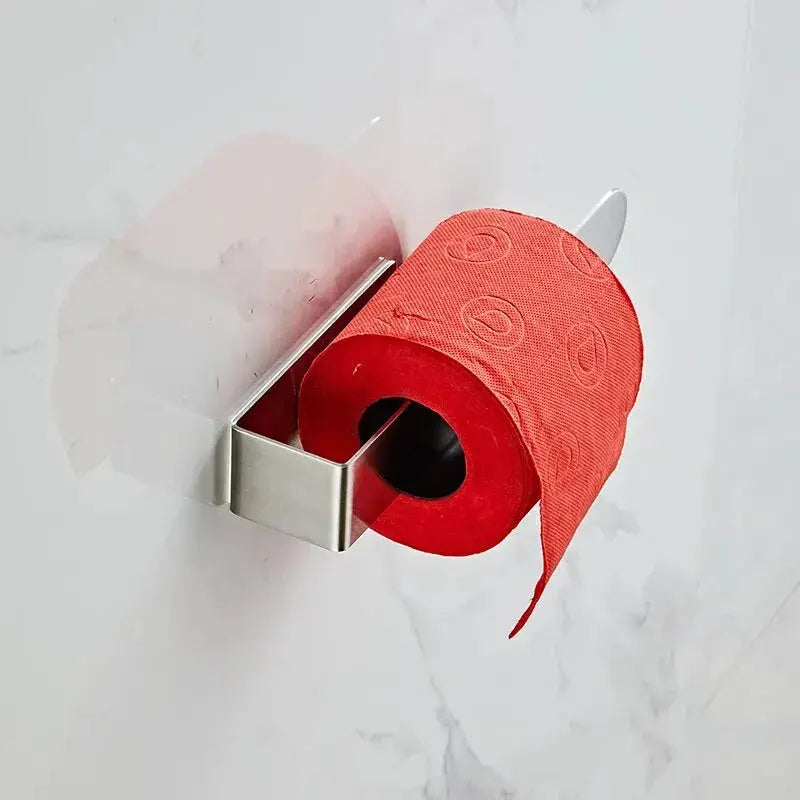 Towel rack, self-adhesive stainless steel, mounted on wall with red tissue roll