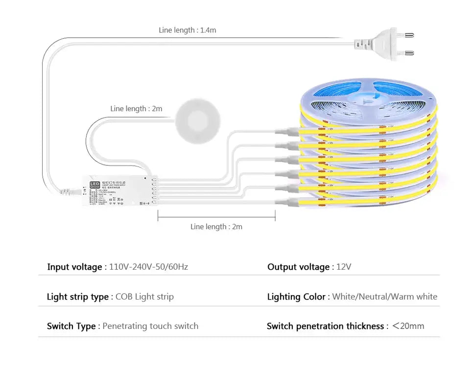 LED COB light strip kit with touch dimmable wall lamp; white/warm white light, includes power adapter and controller