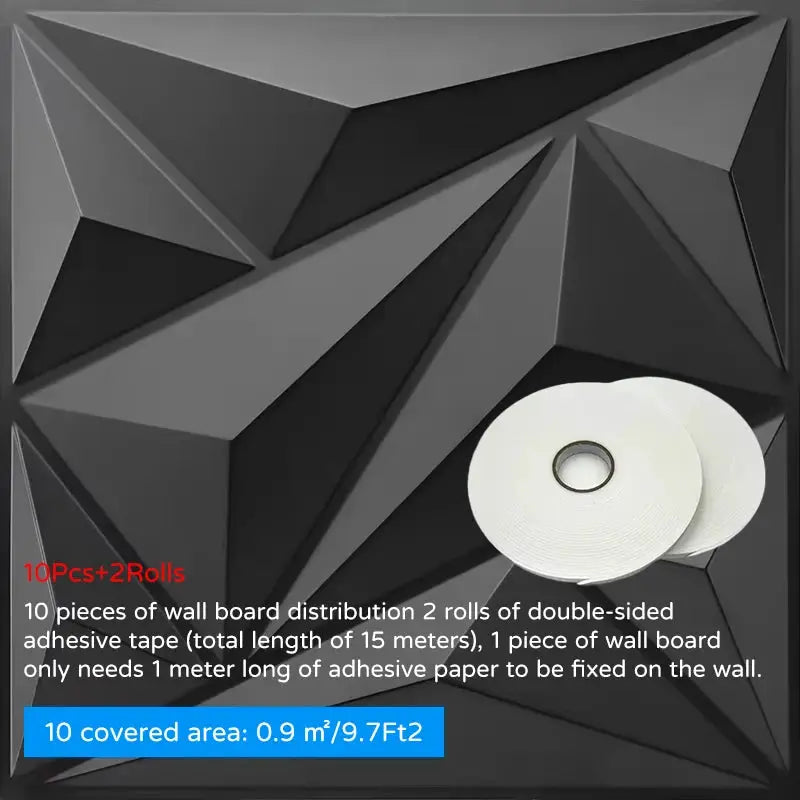 Simples Market 10-piece 30x30cm 3D wall panels in black geometric tile design with 2 rolls of double-sided tape