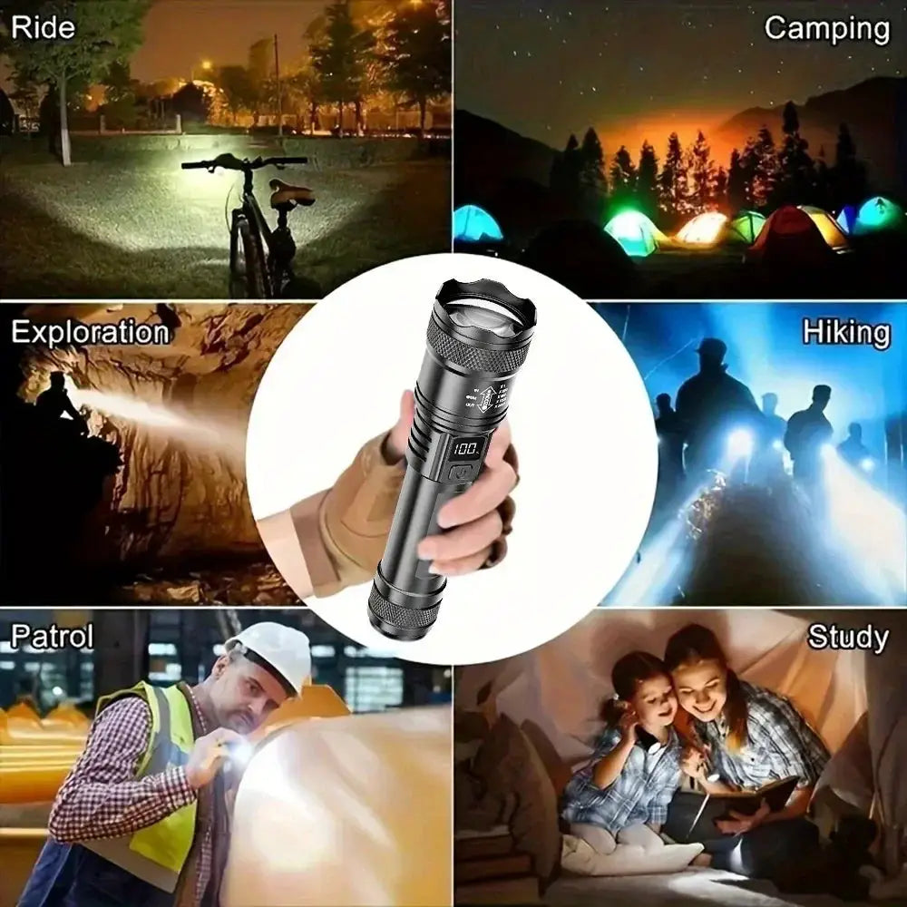 Simples Market 100000LM black rechargeable LED flashlight, waterproof long-range tactical torch for outdoor camping